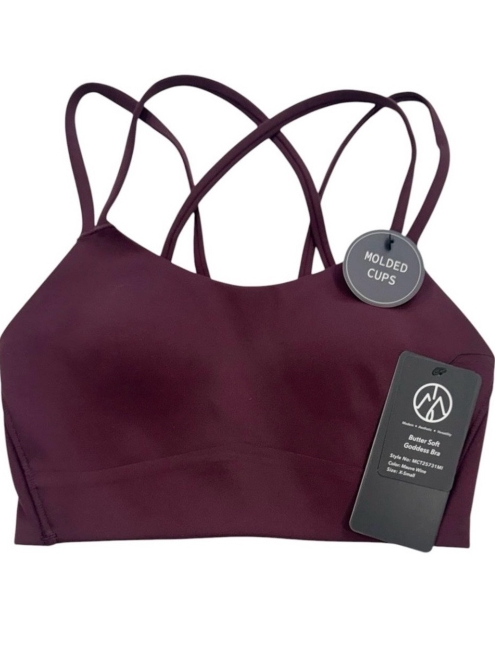 MOVE THEOLOGY Butter Soft Goddess Strappy Mauve Wine Sports Bra Pilates NWT XS